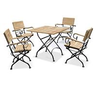 Ensemble table de bistrot pliable 4 places en bois de teck et métal de qualité A avec table pliante carrée de 0,8 m et 4 fauteuils pliants prêts à l'emploi