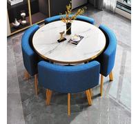 Ensemble table de conférence ronde avec 4 chaises - Table de salle à manger moderne pour réception - Collection de meubles en tissu bleu 5 pièces