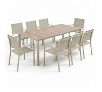Ensemble table de jardin en aluminium effet bois et 8 fauteuils crème Tivoli, Oviala
