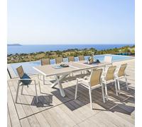 Ensemble table de jardin extensible AXIOME Effet bois + 10 fauteuils AXANT Lin Blanc places - Aluminium traité époxy, ECP Hespéride