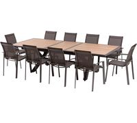 Ensemble table de jardin extensible AXIOME Effet bois honey + 10 fauteuils AXANT Praline places - Aluminium traité époxy, ECP Hespéride