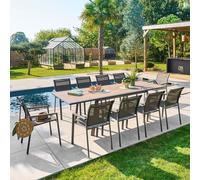 Ensemble table de jardin extensible PAVANE + 10 fauteuils ESSENTIA Truffe Graphite places - Aluminium traité époxy, Verre trempé Hespéride
