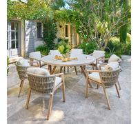 Ensemble table de jardin fixe ronde NELORA + 8 fauteuils MYLORE Ficelle Miel places - Aluminium traité époxy, Quartz Hespéride