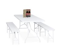 Relaxdays Ensemble Table Pliante et 2 bancs, pour Jardin, pavillon ou Camping, Effet Bois, 180 cm, Blanc