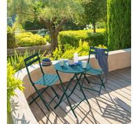 Ensemble table de jardin pliante ronde + 2 chaises GREENSBORO Bleu canard places - Acier traité époxy, Traitement antirouille renforcé Hespéride