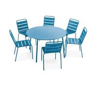 Ensemble table de jardin ronde et 6 chaises en métal bleu pacific Palavas, Oviala