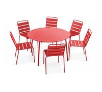 Ensemble table de jardin ronde et 6 chaises en métal rouge Palavas, Oviala