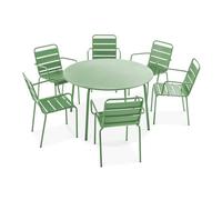 Ensemble table de jardin ronde et 6 fauteuils acier vert cactus