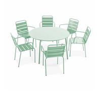 Ensemble table de jardin ronde et 6 fauteuils acier vert sauge Palavas, Oviala
