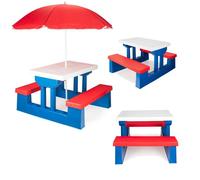 Ensemble table de pique-nique pour enfants COIL avec parasol et banc, bleu et rouge