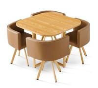 Menzzo Table A Manger + 4 chaises Encastrable Oslo Style scandinave - Table MDF Effet Chêne Clair - Chaises Revêtement Simili Taupe - Assise Moelleuse et Confortable - L90 x P90 x H75 cm