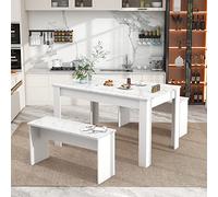 Ensemble table de salle à manger 4 personnes en bois avec motif marbre, comprend 2 bancs, poids maximum 300 kg, meubles de cuisine et de salle à manger élégants 108 x 65 x 75 cm (blanc)