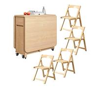 Ensemble table de salle à manger en bois massif, table pliante extensible et mobile avec roulettes et 4 chaises, économiseur d'espace, design à bords arrondis, pour cuisine, salle à manger