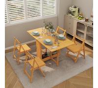 Ensemble table de salle à manger pliable avec 4 chaises en bambou avec tiroirs de rangement et roulettes, peu encombrant pour petite cuisine et salon, pas de montage nécessaire