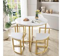 Ensemble table de salle à manger ronde avec 4 chaises en velours 5 pièces avec dessus en MDF et cadre en fer doré, blanc, 80 x 80 x 75 cm, parfait pour cuisine et salon