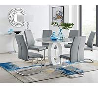 Ensemble table de salle à manger ronde moderne gris et blanc brillant avec 4/6 chaises - Design contemporain avec plateau en verre pour une expérience de salle à manger élégante