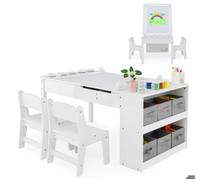 Ensemble Table Enfant avec Chaise 3 en 1 -DREAMADE -Plateau Inclinable - Boîtes de Rangement - Espace de Rangement Interne - Blanc