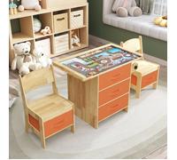 Ensemble Table et 2 Chaises pour Enfants, 5 Caissons de Rangement, Plateau de Jeu Amovible et Rouleau peint, 70x54x40, Pin