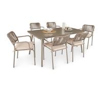 Ensemble table et 6 chaises de jardin VOLONTE coloris champagne pour 6 personnes, plateau en verre trempé