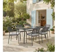 Ensemble table et 6 chaises de jardin VOLONTE gris pour 6 personnes, plateau en verre trempé et structure en aluminium