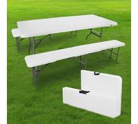 Ensemble Table et bancs pliables blanc 180cm - Lot 1 table + 2 bancs pliant pour camping, cérémonie, pique-nique, buffet et grillade