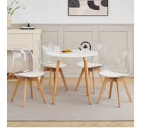 Ensemble Table et chaises - 4 Chaises en Acrylique Transparent - Table à Manger Ronde de 80 cm - Pieds en bois massif - Blanc