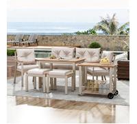 Ensemble table et chaises de jardin en bois d’acacia 6-7 places,fauteuils, desserte amovible, housse tissu beige lavable 171x65x81cm