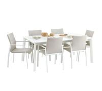 Ensemble table et chaises de jardin VERANO pour 6 à 8 personnes blanc et beige, table extensible et chaises empilables