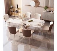 Ensemble table et chaises de salle à manger 6 places | Dessus en pierre de qualité A et base en acier au carbone | Fourrure de cuisine rectangulaire peu encombrante pour la maison et le bureau