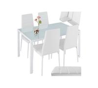 tectake Ensemble Table Salle à Manger avec 4 Chaises Design, Chaise Confortable en Cuir synthtétique, Table rectangulaire Robuste avec Plateau en Verre trempé - Blanc