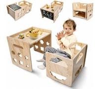 Ensemble Table et Chaises Enfant 3 en 1 - Chevalet Double Face - Chaise Réglable 3 Hauteurs - Bois Beige Beige