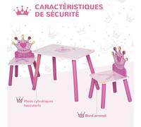 HomCom – Ensemble table et 2 chaises enfant 3 pièces, pieds bois massif, motif couronne, rose