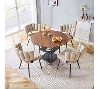 Ensemble table et chaises salle a manger ronde en aspect noyer, Table à manger avec 4 chaises marron clair à forme de fleur