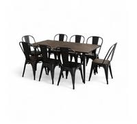 Ensemble Table et Chaises Style Industriel, Métal Noir Mat et Bois Naturel, 160x80 cm