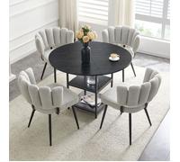 Ensemble table et chaises style industriel - Table ronde 107 cm - Double niveau de rangement - 4 chaises dossier fleur