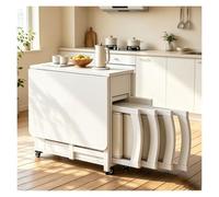 Ensemble Table Extensible Et 4 Chaises, Table À Manger Pliable avec roulettes, avec des Tiroirs Et des Étagères Ouvertes, Table Cuisine en Bois Massif, Adaptable À Tous Scénarios(White)