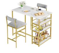 Ensemble Table Haute avec 2 Tabourets de Bar,Mange Debout avec 3 Étagères et Porte-Bouteilles,pour Salle à Manger-Blanc dore
