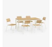 Ensemble Table Rectangulaire 160x90 Cm Et 6 Chaises De Salle À Manger Empilables En Acier Et Bois D'acacia Artus Blanc Gardenia Blanc
