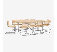 Ensemble Table Rectangulaire 240x100 Cm En Mdf Et Acier Inoxydable Et 10 Chaises De Salle À Manger En Rotin Tento Placage De Frêne