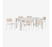 Ensemble Table Rectangulaire Arnadine (180x100 Cm) Et 6 Chaises De Salle À Manger Empilables Avec Accoudoirs Omara Blanc Gardenia Blanc