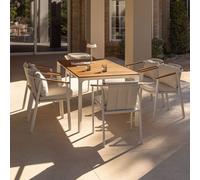 Ensemble Table Rectangulaire Katiana, 160x90 Cm, En Aluminium Et Bois De Teck, Et 6 Chaises De Jardin Yervin, En Aluminium Et Ti Blanc Blanc