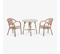 Ensemble Table Ronde Ø80 Cm Brielle Bistro Et 2 Chaises Avec Accoudoirs En Rotin Synthétique Et Aluminium Solange Bistro Beige Crème - Rouge Bordeaux Beige