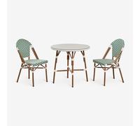 Ensemble Table Ronde Ø80 Cm Et 2 Chaises De Salle À Manger Empilables En Aluminium Et Rotin Synthétique Brielle Bistro Vert Choux - Blanc Gardenia