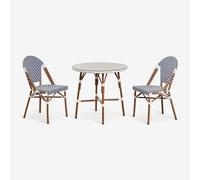 Ensemble Table Ronde Ø80 Cm Et 2 Chaises De Salle À Manger Empilables En Aluminium Et Rotin Synthétique Brielle Bistro Bleu Ken - Blanc Gardenia