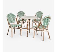Ensemble Table Ronde Ø80 Cm Et 4 Chaises De Salle À Manger Empilables En Aluminium Et Rotin Synthétique Brielle Bistro Vert Choux - Blanc Gardenia