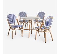 Ensemble Table Ronde Ø80 Cm Et 4 Chaises De Salle À Manger Empilables En Aluminium Et Rotin Synthétique Brielle Bistro Bleu Ken - Blanc Gardenia