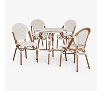 Ensemble Table Ronde Ø80 Cm Et 4 Chaises De Salle À Manger Empilables En Aluminium Et Rotin Synthétique Brielle Bistro Beige Nude - Blanc Gardenia