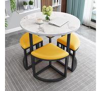 Ensemble Table Ronde - Assise en Mousse à Résilience, Planche en Bois, Pattes en Métal - Confortable et Économique en Espace for Cuisine, Restaurant, Bureau et Salon(Leather-Marble-Yellow)