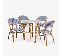 Ensemble table ronde Brielle Bistro, Ø80 cm, et 4 chaises de salle à manger empilables en aluminium avec accoudoirs. Bleu Ken - Blanc Gardenia