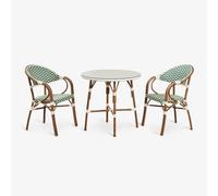 Ensemble table ronde Brielle Bistro, Ø80 cm, et deux chaises de salle à manger empilables avec accoudoirs en aluminium. Vert Choux - Blanc Gardenia